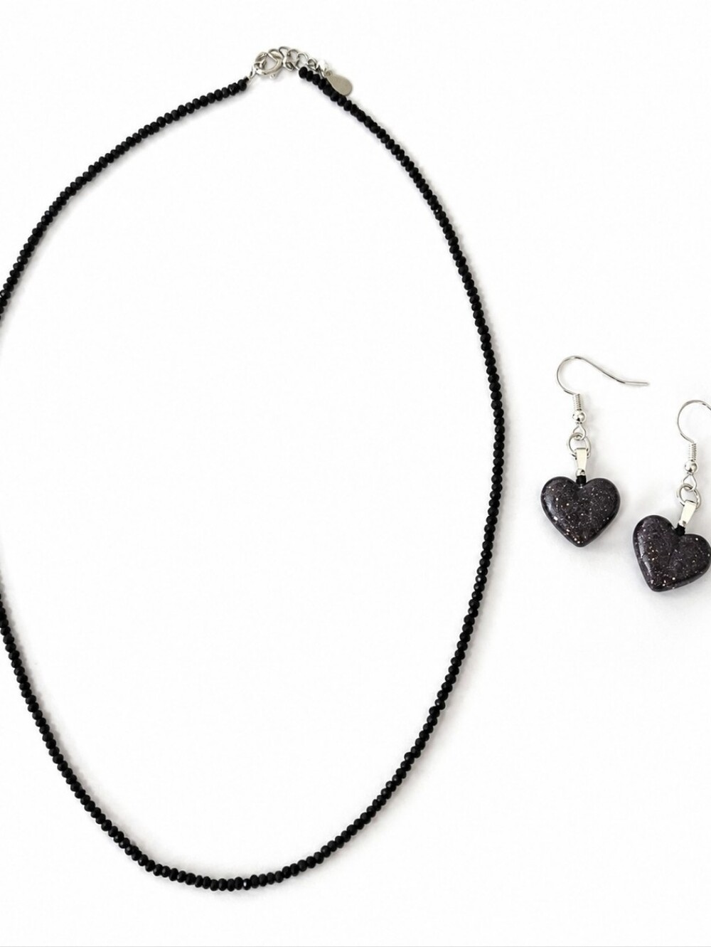925 Sterling Silver Black Spinel Style Beaded Necklace & Handmade Heart Earrings